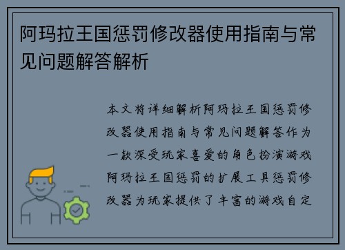 阿玛拉王国惩罚修改器使用指南与常见问题解答解析